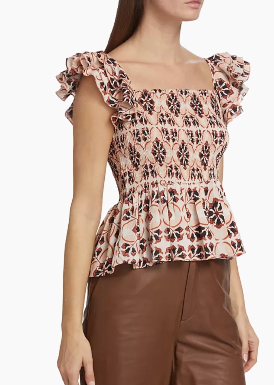 Mille Athena Smocked Peplum Ruffle Sleeve Geometric Print Top NEW X-Large